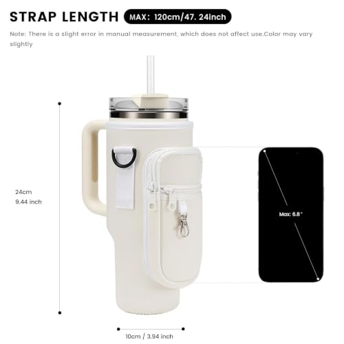 Water Bottle Carrier Bag Holder with Phone Pocket Adjustable Strap for Stanley 30 40oz, Insulated Neoprene Cover Sleeve Sling Crossbody Bag for Walking Camping Hiking Travelling - color: White-1