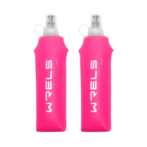 WRELS TPU Soft Flask Lightweight Portable Reusable Water Bottle,BPA Free Collapsible Flask for Hydration Pack in Running Hiking Cycling and Marathon - color: Pink-500ML*2