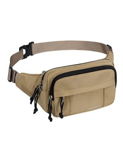 WATERFLY Fanny Pack Waist Bag: 2.5L Large 5 Zipper Pockets for Women Men - color: Khaki