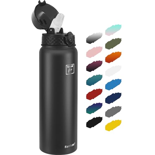 Fanhaw 40oz Kids Stainless Steel Water Bottle with Straw Lid, Black - color: Black, style: 40 Ounces