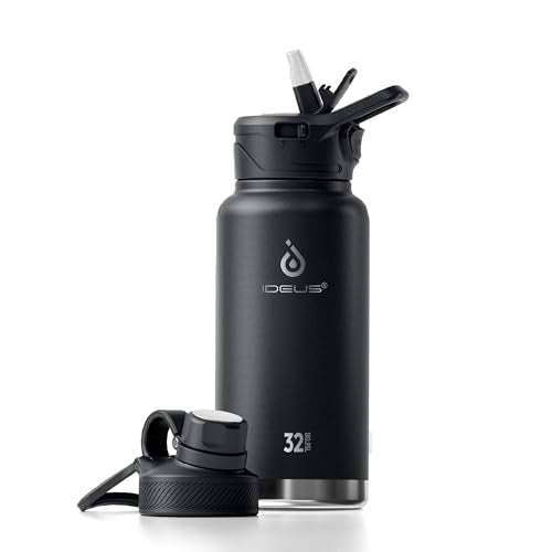 IDEUS 32oz Stainless Steel Insulated Bottle with 2 Leak-Proof Lids, Black - color: Black, size: 32 Ounces
