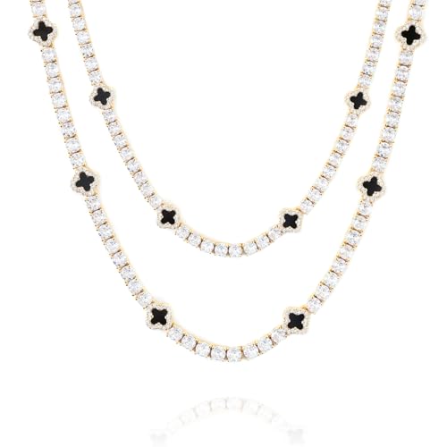 LuxeFlex 4mm Iced Out Four Leaf Tennis Chain,White Gold Plated with 5A Zircon Stones, exquisite Handmade Hip Hop Bling Necklace Perfect Unisex Jewelry Gift - color: Gold, size: 16 INCH