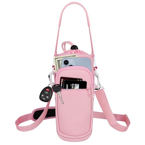Crossbody Water Bottle Holder with Strap, Phone Pocket(Pink, 32, Ounces) - color: Pink