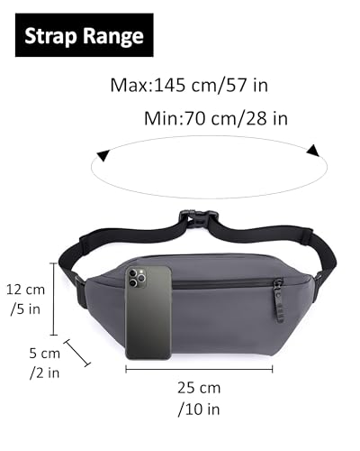 Fanny Pack for Men & Women | Adjustable Waist Bag (28-63 Inch Belt) – Large Waterproof Belt Bag for Hiking, Running, Travel, Gym | Phone Pouch with Zipper Pocket - color: Grey