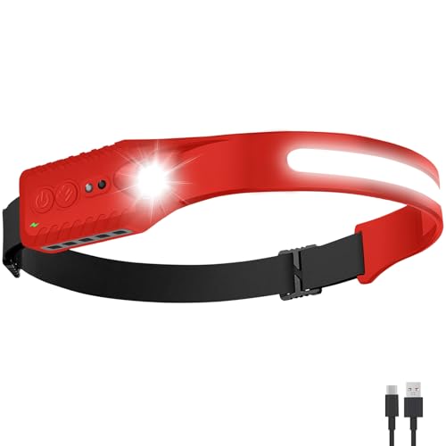 Nessciera Rechargeable LED Headlamp (Red), 400 Lumens, 230° Wide Beam, USB-C, 5 Modes — Lightweight, Adjustable Headband; Hard Hat Clips for Camping, Hiking, Running & Repairs - color: Red
