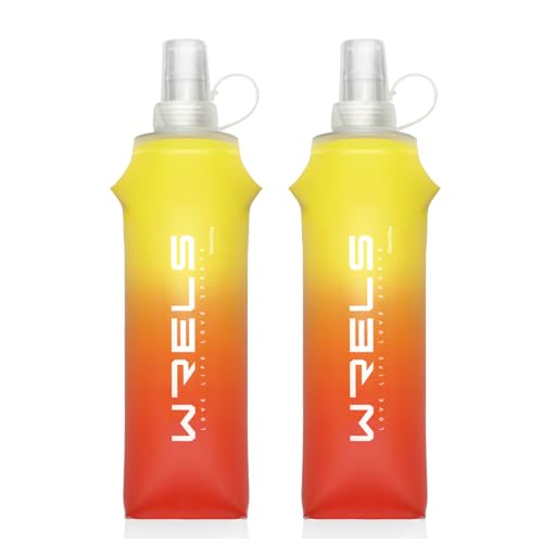 WRELS TPU Soft Flask Lightweight Portable Reusable Water Bottle,BPA Free Collapsible Flask for Hydration Pack in Running Hiking Cycling and Marathon - color: Orange-yellow-500ML*2