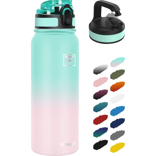 Fanhaw 20oz Stainless Steel Water Bottle with 2 Lids, Green Pink - color: Green Pink, style: 20 Ounces - 2 Lids