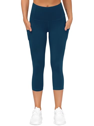 THE GYM PEOPLE Women's Thick High Waist Capris Yoga Pants Workout Leggings - color: Dark Blue Green, size: Large