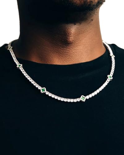 LuxeFlex 4mm Iced Out Four Leaf Tennis Chain,White Gold Plated with 5A Zircon Stones, exquisite Handmade Hip Hop Bling Necklace Perfect Unisex Jewelry Gift - color: White Gold-Green, size: 20 INCH