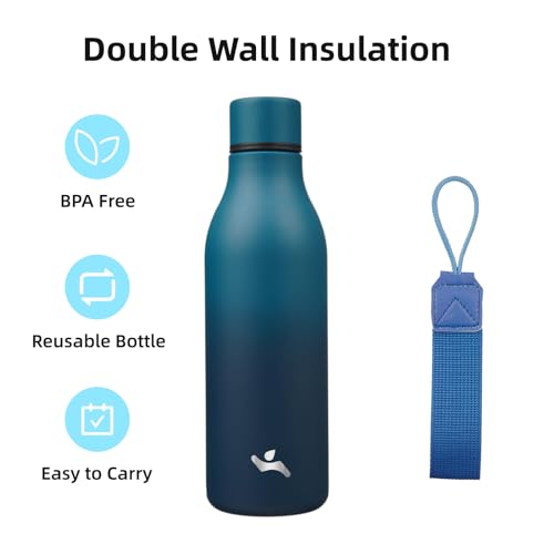 Konokyo 18 oz Insulated Stainless Steel Metal Water Bottle with Strap - color: Indigo Black, size: 18 Ounces