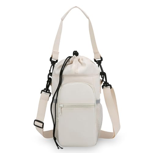 Water Bottle Holder with Removable Handle Strap 32 40oz Crossbody Insulated Water Bottle Carrier Sling Bag with Adjustable Strap and Phone Purse 5 Pockets for Walking Hiking Gym Travel - color: White