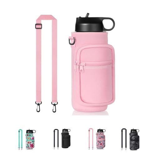 40oz Neoprene Water Bottle Sling with Phone Pocket, Crossbody - color: Pink, size: 32oz Short