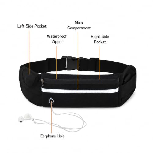 Running Waist Bag with Water Bottle Holder, Waterproof Sports Belt Bag for Phone, Keys and Fitness Outdoor Hiking (Black)