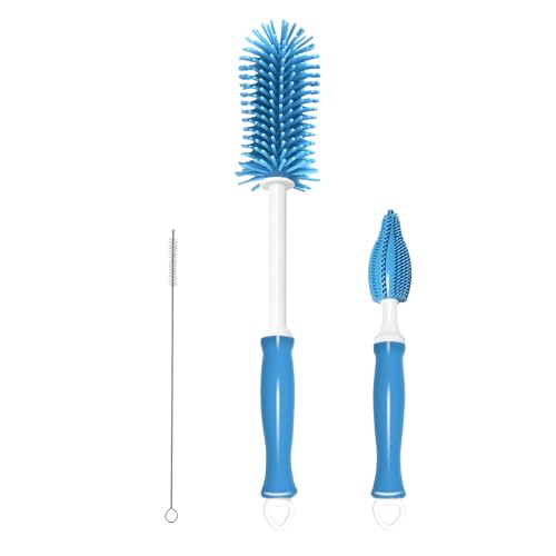 Bottle Brush Set 3-in-1, Including Long Handle Silicone Bottle Brush, Detail Cleaner, Straw Brush, Non Scratch Cleaning Brushes for Water Bottles, Tumblers and Glass (Blue) - color: Blue