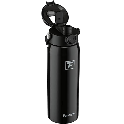 Fanhaw 24oz Stainless Steel Water Bottle with 2-in-1 Lid, Glossy Black - color: Glossy Black