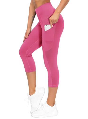 THE GYM PEOPLE Women's Thick High Waist Capris Yoga Pants Workout Leggings - color: Bright Pink, size: Small