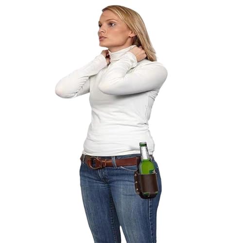 Drink Belt Holder Faux Leather Beer Holster Hands-Free Water Bottle Waist Bag Can Cooler Belt Pouch Cowboy Beverage Holder for Barbecue Camping Beach Hiking Fishing Gardening