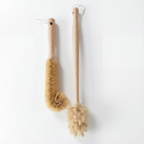 2-Piece Wooden Bottle Brush Set - Includes Tapered Cup Brush & L-Shape Coconut Scrubber - Beech Wood Cleaning Kit for Water Bottles, Glassware & Vases - size: 2 Piece Set - Tapered + L-Shape