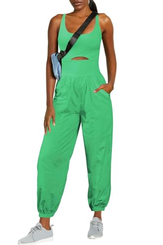 ReachMe Womens Running Onesie Athletic Romper Pants Hiking Outfits One Piece Workout Jumpsuits with Pockets - color: Lime Green, size: X-Small