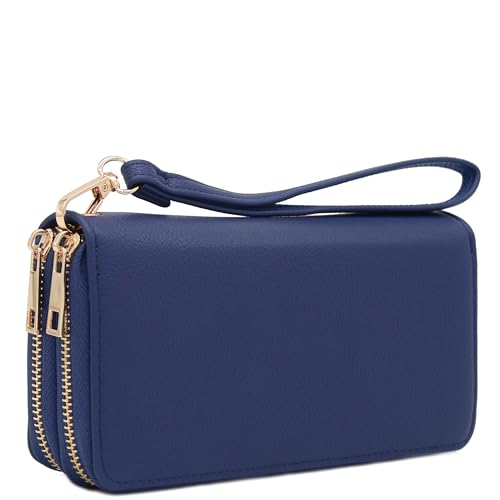 FashionPuzzle Double Zip Around PU Leather Wristlet Cell Phone Wallet - color: Navy