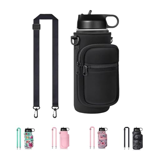 40oz Neoprene Water Bottle Sling with Phone Pocket, Crossbody - color: Black, size: 32oz Short