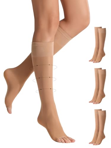 Yilamy 8-10 mmHg Open Toe Compression Socks, Sheer Knee High Women 3 Pairs - color: 3 Pairs Natural, size: Medium-Large