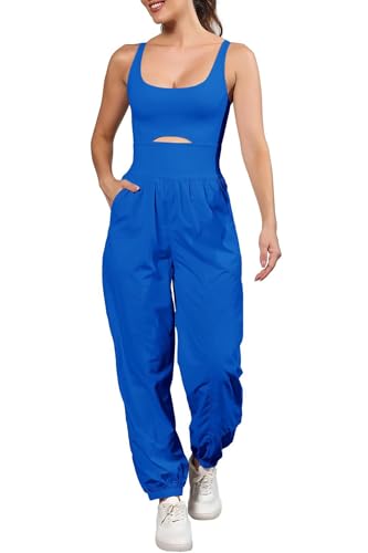 ReachMe Womens Running Onesie Athletic Romper Pants Hiking Outfits One Piece Workout Jumpsuits with Pockets - color: Royal, size: X-Small