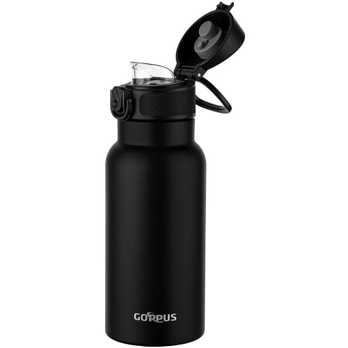 GOPPUS 17oz Insulated Water Bottle with Leak-Proof Flip Lid & Carry Handle,Double-Wall Stainless Steel Bottle for School,Outdoor,and the Gym（Black） - color: Black