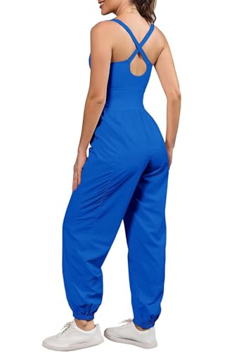 ReachMe Womens Running Onesie Athletic Romper Pants Hiking Outfits One Piece Workout Jumpsuits with Pockets - color: Royal, size: X-Small