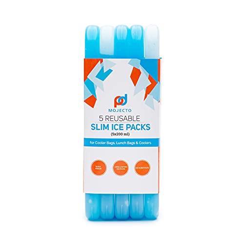 Ice Pack (Set of 5) Large Leak-Proof, Slim, Reusable, Freezer-Safe, Long-Lasting for Cooler Bags, Lunch Bags and Lunch Box. Keep Food and Drinks Cold for Hours.