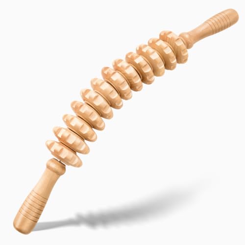 Wooden Cellulite Massage Roller for Legs and Thighs - Handheld Fascia Blaster Tool for Muscle Relief, Lymphatic Drainage & Body Sculpting - Anti Cellulite Massager for Women and Men - 12 Wheel - color: Wooden White