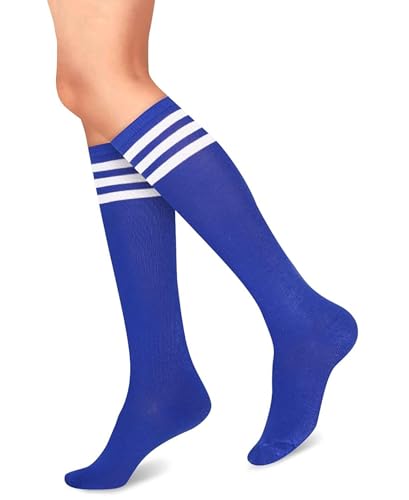 Women's Knee High Athletic Socks Casual Stripes Tube Socks Outdoor Sport Socks - color: Triple Blue White Stripeue- 1 Pack