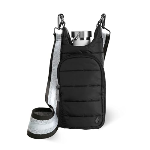 WanderFull Original HydroBag Crossbody Water Bottle Holder with Phone Pocket, Fits Water Bottles up to 32 oz - color: Black Matte - Striped Strap