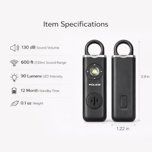 Police Personal Safety Alarm Keychain, Rechargeable Loud Emergency Alarm w/ Strobe Light, Portable Self Defense Alarm for Women, Kids, Seniors, Travel, Black