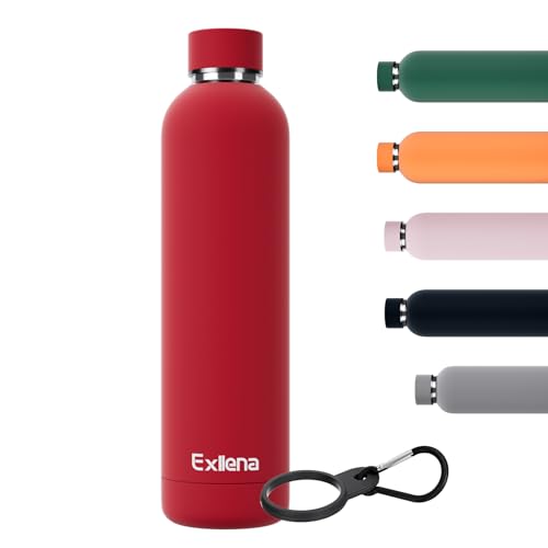 Exllena Slim Insulated Water Bottles for Travel 32oz with Clip, Double Wall Vacuum Stainless Steel Water Bottle Keeps Drinks Cold 24 Hrs/Hot 12 Hrs, 100% Leakproof, BPA Free（Red） - color: Red, size: 1 L
