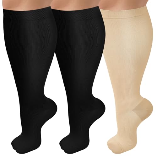 CTHH Wide Calf Compression Socks for Women Men Plus Size Knee High Stocking - color: Nude/Black, size: XX-Large