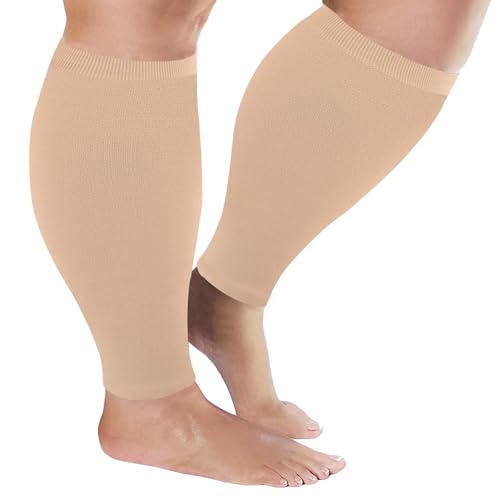 Plus Size Compression Sleeves Wide Calf for Women & Men 20-30 mmHg, 3XL - color: Beige, size: XXX-Large