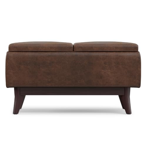 SIMPLIHOME Owen 34" Wide Vegan Leather Tray Top Ottoman in Chestnut Brown - color: Distressed Chestnut Brown