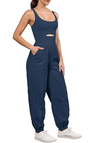 ReachMe Womens Running Onesie Athletic Romper Pants Hiking Outfits One Piece Workout Jumpsuits with Pockets - color: Navy Blue, size: Small