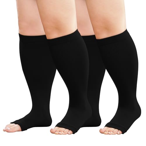 Plus Size Compression Socks: 2 Pairs Wide Calf Compression Toeless Stockings for Men Women - Open Toe 20-30 mmHg - color: Black-2 Pairs, size: Small-Medium
