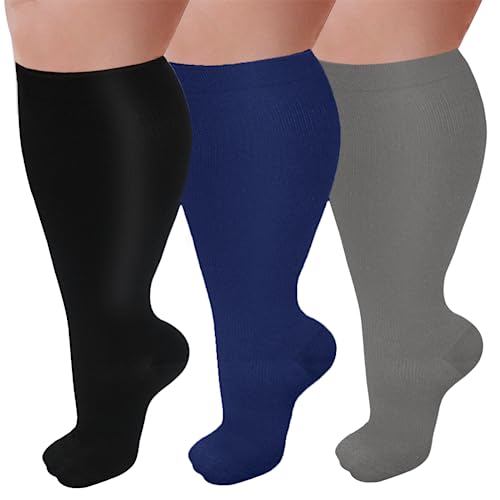 3 Pairs Plus Size Wide Calf 20-30 mmHg Knee High Compression Socks - color: 09-black/Gray/Navy, size: XX-Large