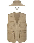 Janmercy 2 Pcs Men's Fishing Vest with Hat for Halloween Cosplay - color: Dark Khaki,, size: Medium