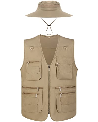 Janmercy 2 Pcs Men's Fishing Vest with Hat for Halloween Cosplay - color: Dark Khaki,, size: X-Large