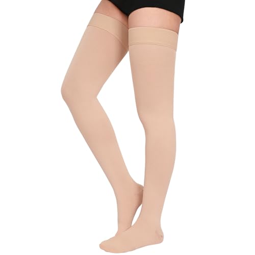 Athbavib 15-20 mmHg Thigh High Compression Socks for Women & Men - color: A-Beige(Closed Toe), size: Small