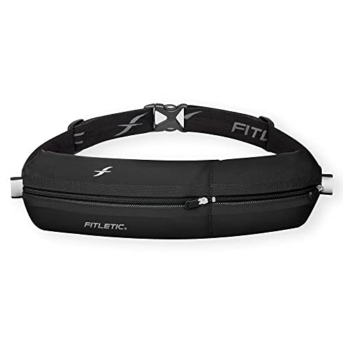 Fitletic Bolt Double Pocket Running Belt & Active Fanny Pack For Men & Women – Water Resistant, Lightweight Sleek Design – Patented No Bounce Hip Hugging Fit – Holds Any Phone - color: Black
