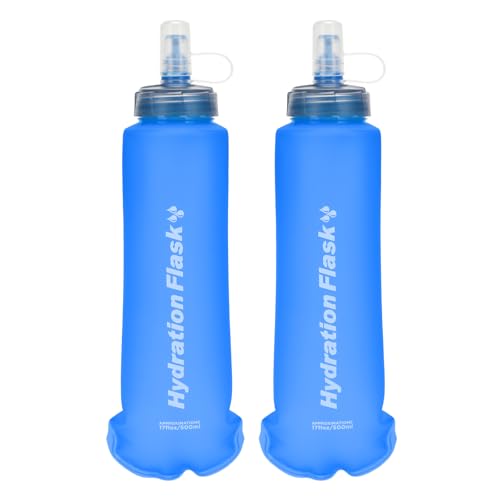 TRIWONDER TPU Collapsible Flask BPA-Free Soft Folding Water Bottles for Hydration Pack - Ideal for Running Hiking Cycling Climbing (500ml/16.9oz - Blue - Pack of 2) - color: 500ml/16.9oz - Y - Blue - Pack of 2