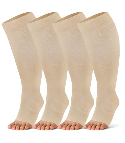 Breslatte Bamboo Viscose Wide Calf Compression Socks Open Toe for Women Men Plus Size Toeless 10-14 mmHg Circulation - color: 4p3 4nude, size: X-Large-XX-Large Plus