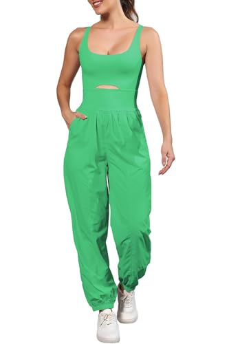 ReachMe Womens Running Onesie Athletic Romper Pants Hiking Outfits One Piece Workout Jumpsuits with Pockets - color: Lime Green, size: X-Small