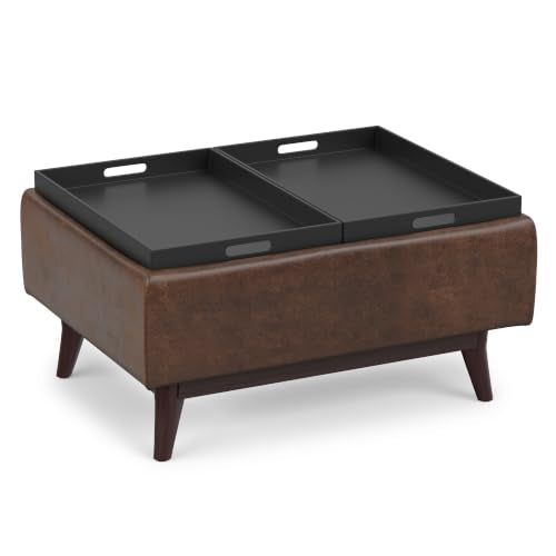 SIMPLIHOME Owen 34" Wide Vegan Leather Tray Top Ottoman in Chestnut Brown - color: Distressed Chestnut Brown