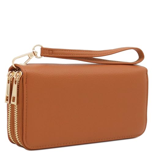 FashionPuzzle Double Zip Around PU Leather Wristlet Cell Phone Wallet - color: Tan